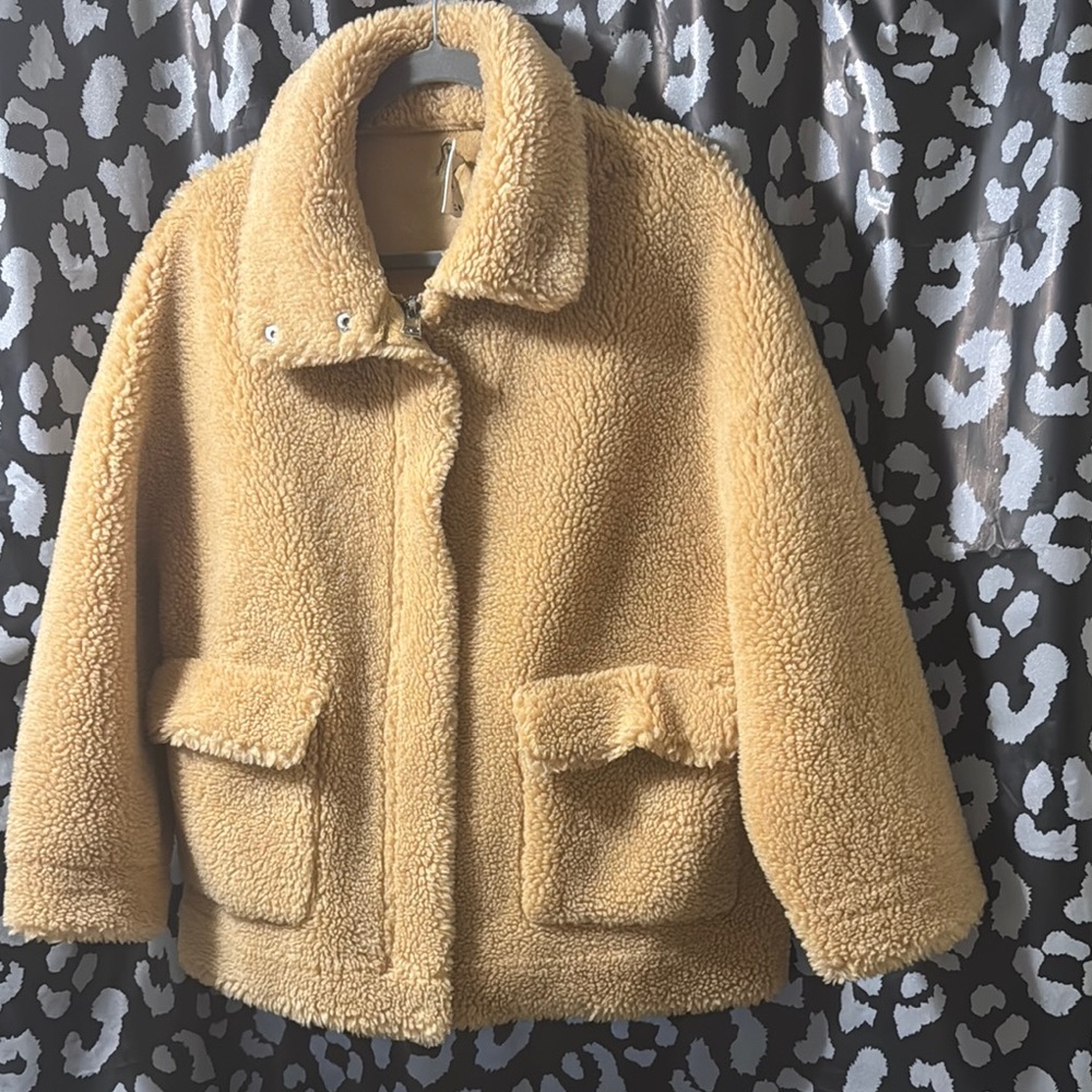 Tan Puffer Jacket with Collared Neckline and Oversized Fit